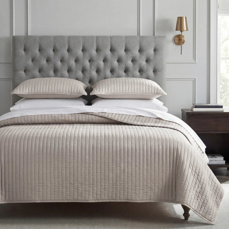 Satin Channel Silky Satin Design Solid Color Classic Modern Quilt Set, Taupe, Twin Quilt + 1 Sham