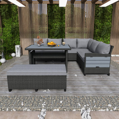 Ensemble de canapé de patio extérieur en rotin 5 pièces, ensemble de meubles de jardin en forme de L en osier avec 2 tables d'appoint extensibles
