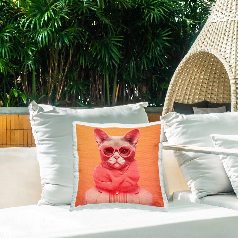 Coussin d'extérieur rétro en forme de chat sur fond orange, par Roozbeh, 18 x 7 x 18, CHAT ORANGE