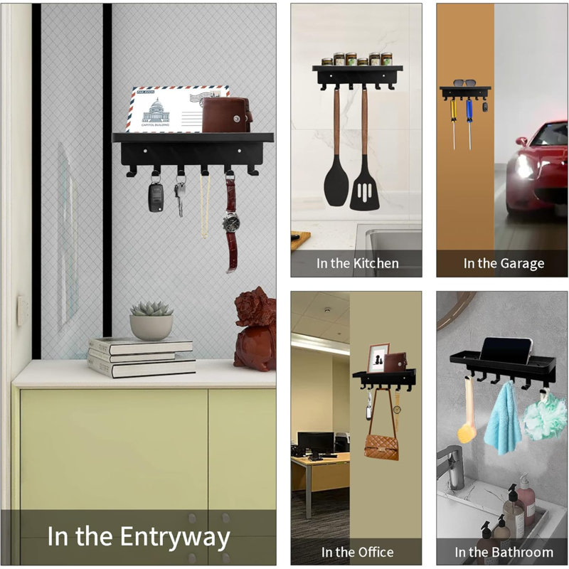 Glynnis Metal Wall Organizer with Key Hooks, Black