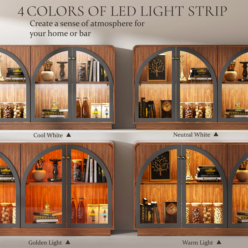 68" Sideboard Buffet Cabinet With 4  Arched Glass Doors Storage, for Kitchen Dining room, Liquor Coffee Bar Cabinet W/LED Light, Walnut