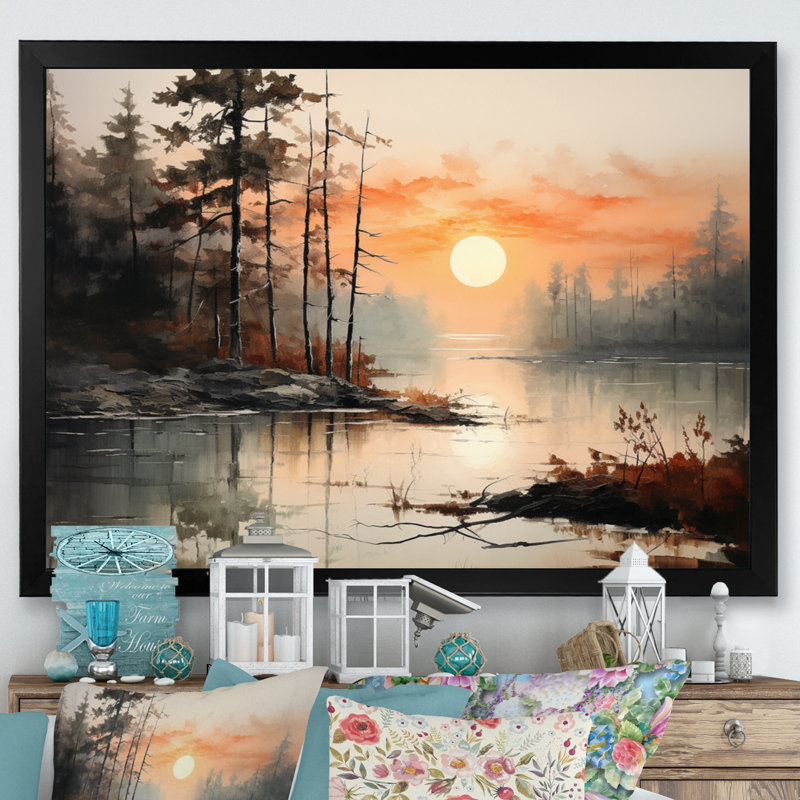 «Lake Misty Morning Reflections I - Lakes Lakehouse», art mural sur toile, H 30 po x l 40 po x P 1,5 po, Cadre simple noir