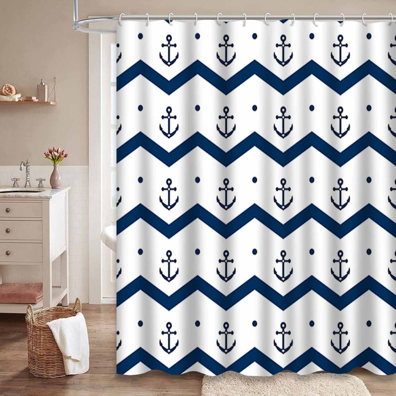 Rideau de douche imperméable à chevrons bleu marine et blanc avec 12 crochets, L 72 po x l 78 po