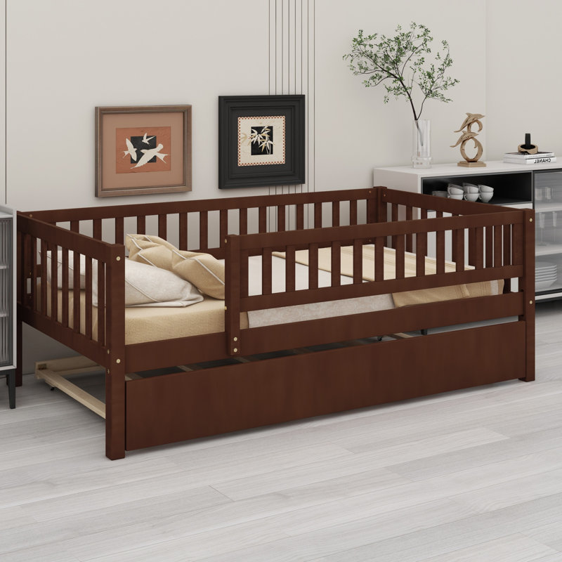 Wood Daybed With Trundle And Fence Guardrails, Walnut
