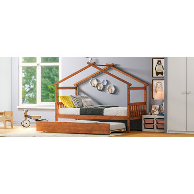 Lit simple en noyer avec lit gigogne - Maximisez l'espace de lit gigogne en bois, finition. Construction solide et stable. Têtes de lit pour plus de confort. Profitez au maximum de votre espace. Adorable maison en forme de 6+. 79,5 po x L 79,5 po