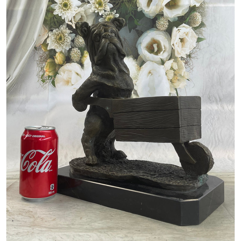 English Bulldog Pushing Wheelbarrow Bronze Planter Dish Sculpture Figure 12" X 12"