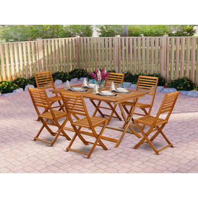 Ensemble de table bistro 7 pièces pour l'extérieur - idéal pour la plage, le camping et les pique-niques - Magnifique table pliante en bois avec 6 chaises modernes sans accoudoirs - Finition huilée naturelle