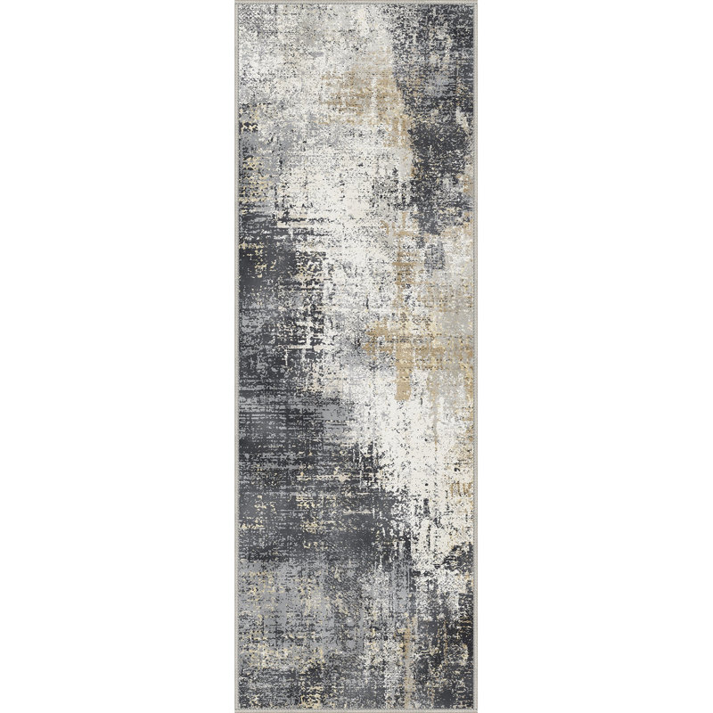 Abstract Area Rug, Black/Gold/Beige, Runner 80 x 300 cm