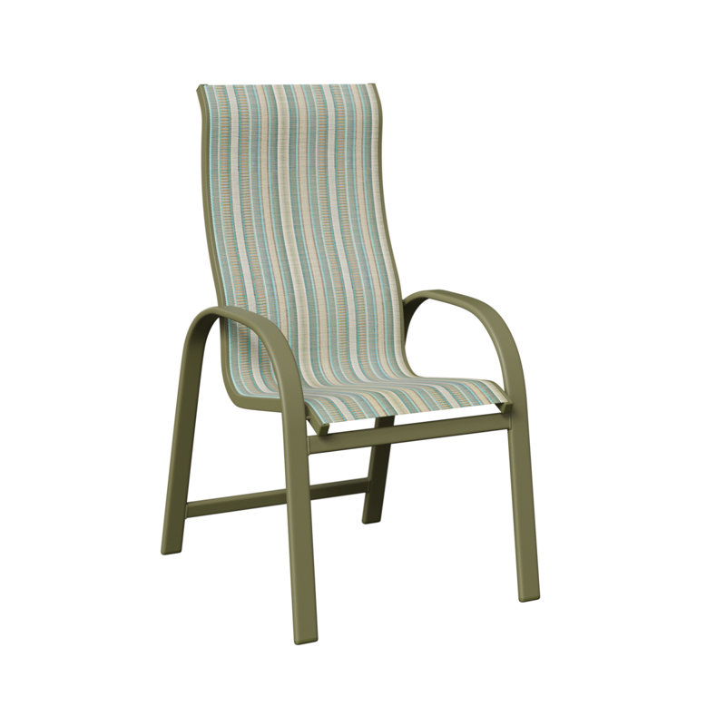 Amma Green Sage Aluminum High Back Dining Chair With Windsor Stripe Spa Sling Fabric, Windsor Stripe Spa, Green Sage