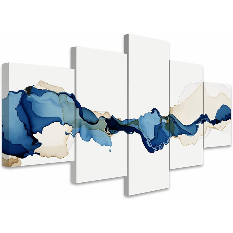 Smoke Effect " Blue White Twisted Smoke Ribbon Splash Landscape " 5 Piece Art Set