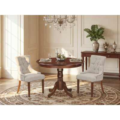 3 Piece Dinette Set for Small Spaces Contains a Round Dining Table with Pedestal and 2 Doeskin Linen Fabric Upholstered Chairs, Mahogany