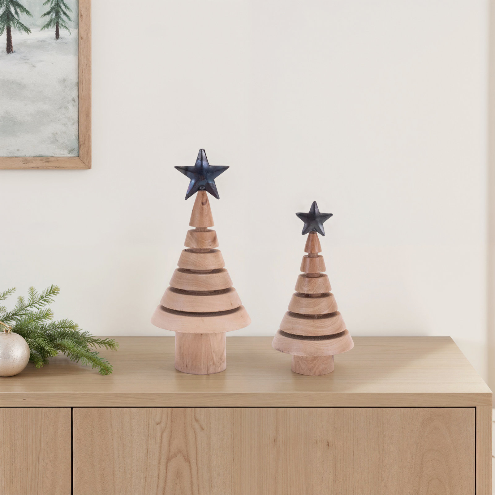 Natural Wood Tree with Metal Star (Set of 2)