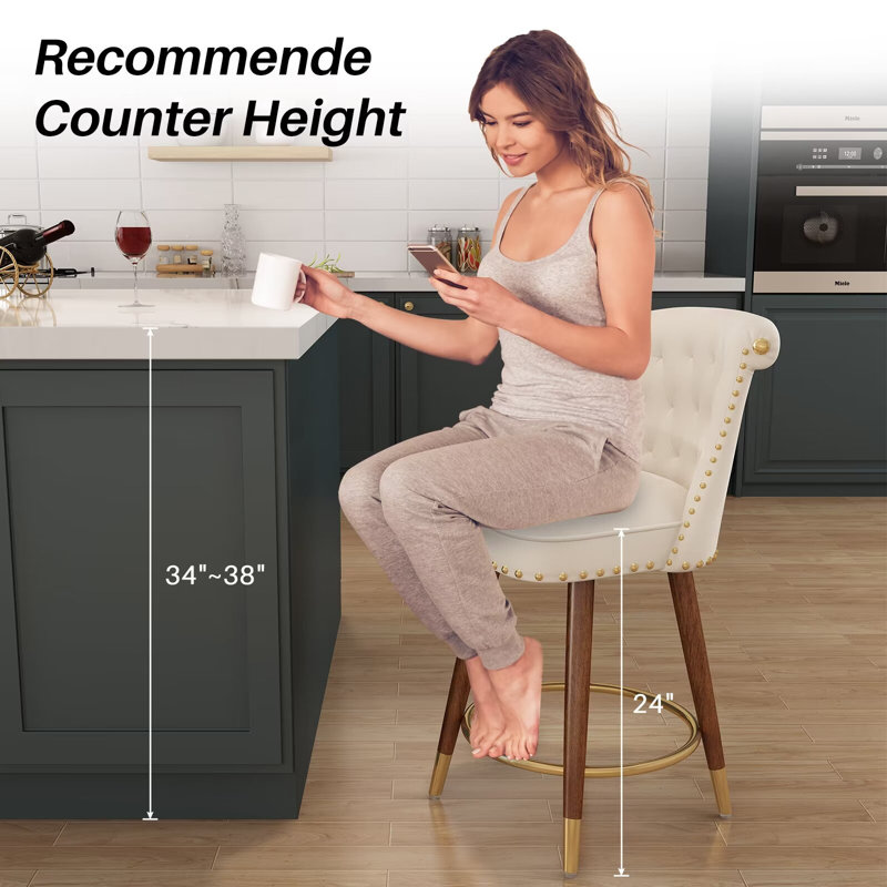 Beige Velvet Upholstered 24" Swivel Counter Stools with Wood Legs