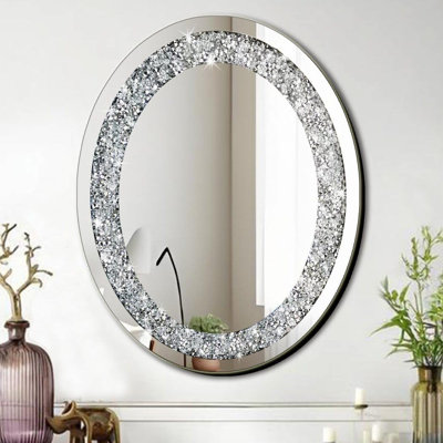 Cristal écrasé en forme de diamant ovale Glam Bling miroir argenté pour décoration murale 16 x 20 x 0,9 pouces à suspendre sans cadre