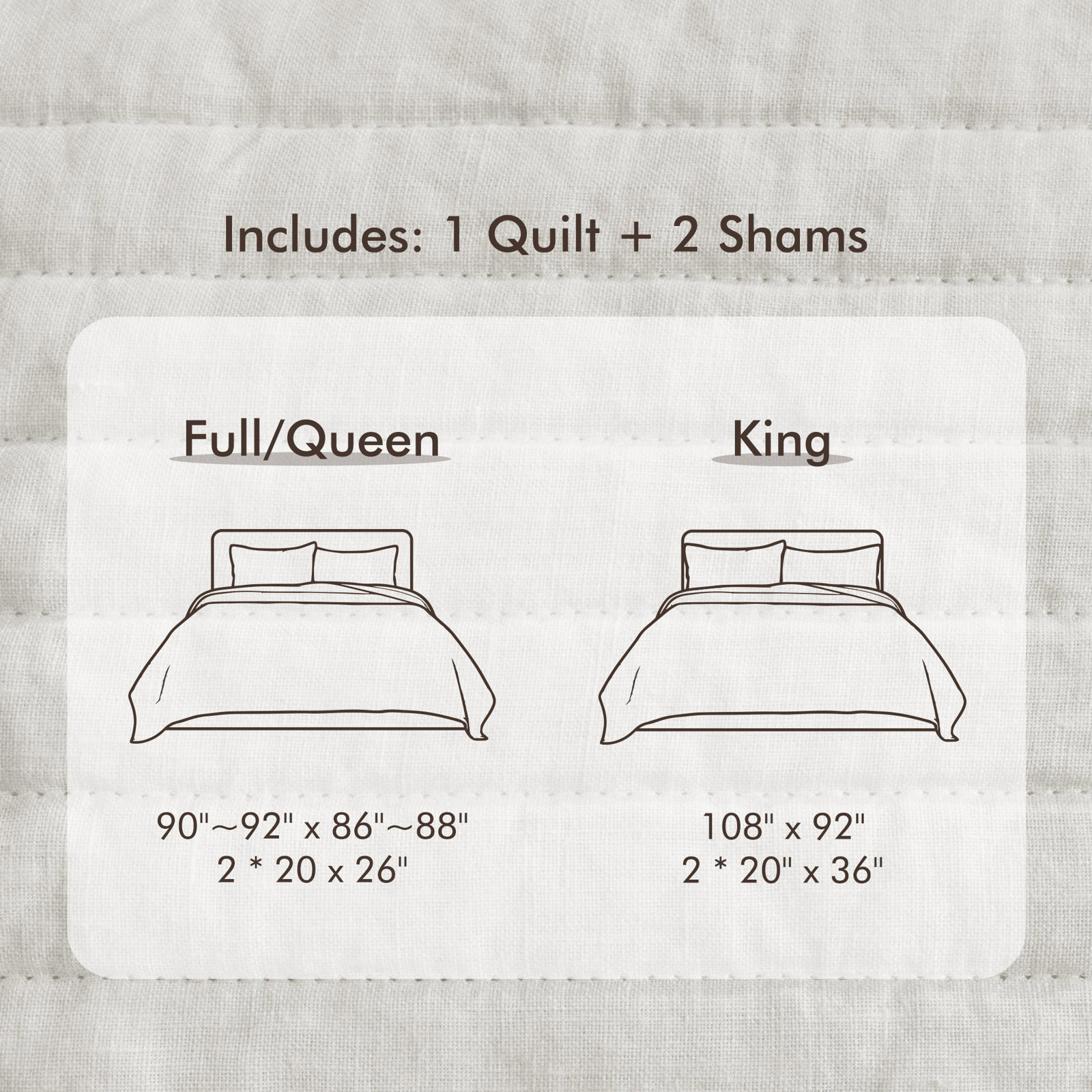 100% French Linen Channel Quilted Breathable Quilt Set With Shams, Light Gray, Queen Quilt + 2 Standard Shams
