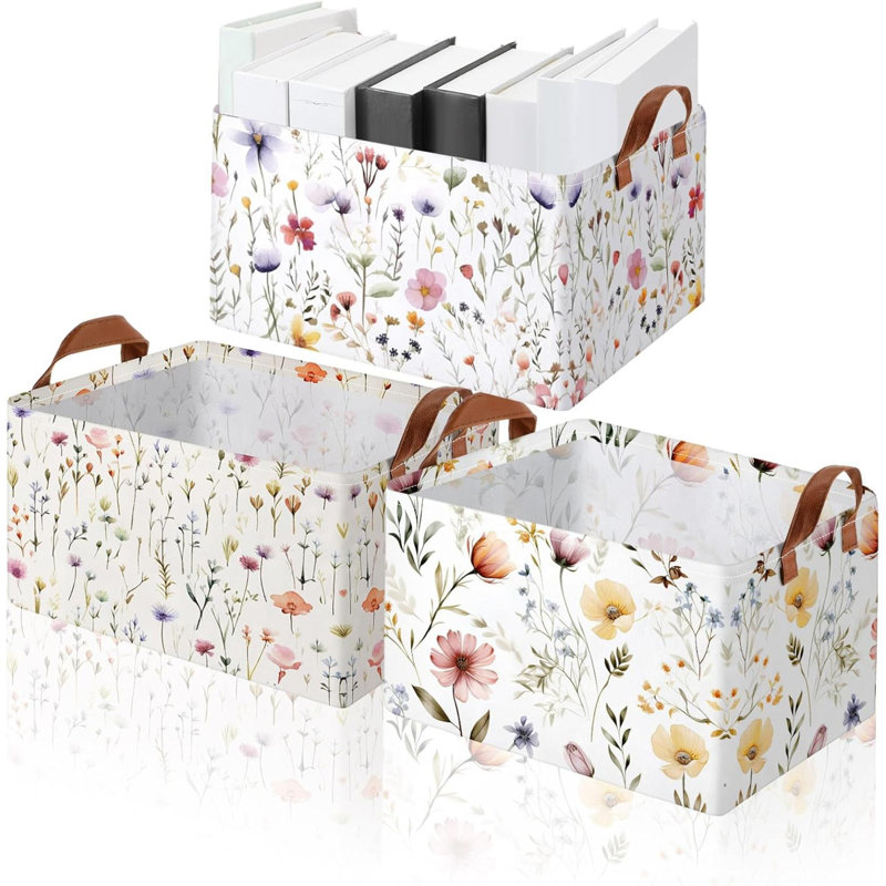3 Pcs Wildflowers Storage Bin Wildflowers Collapsible  Storage Baskets For Gifts Canvas Laundry Basket Foldable Box With Handle For Office Home Bedroom Clothes