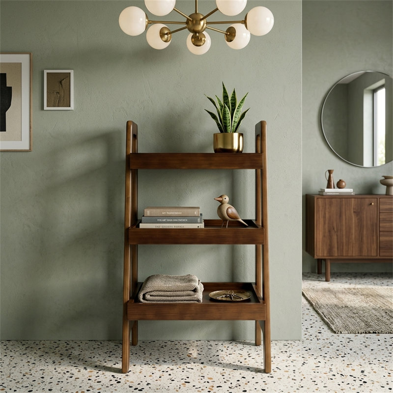 Bibliothèque trapézoïdale, petite bibliothèque à trois niveaux, conception autoportante, style Mid-Century moderne, peu encombrante, table d'appoint en bois massif, finition noyer