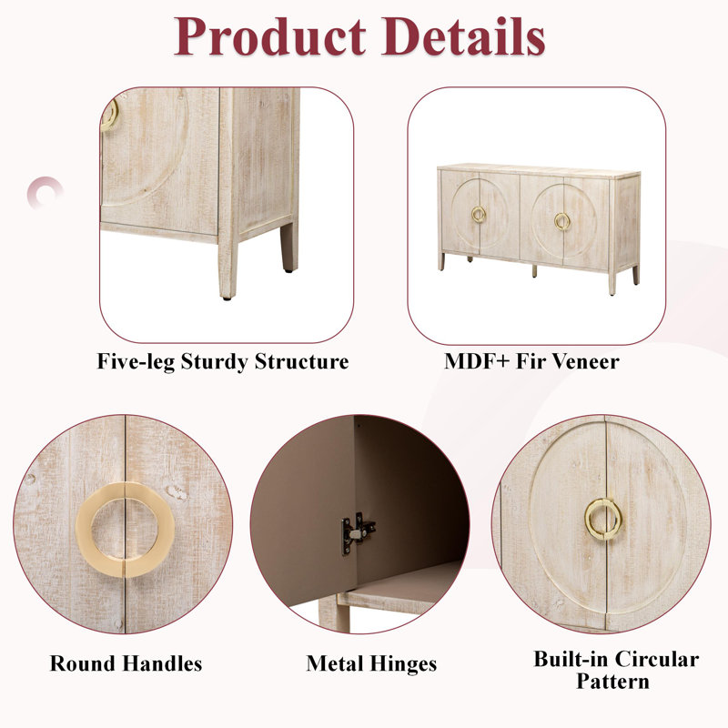 Sophisticated Sideboard With Embossed Texture, Round Handles And Built-in Circular Pattern, Natural
