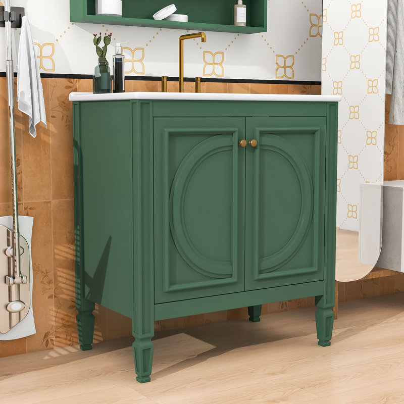 Meuble-lavabo vintage avec lavabo et tablettes réglables, Vert