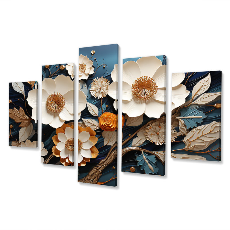 Blanc et doré, charmante fleur printanière II - fleurs, art mural multipanel