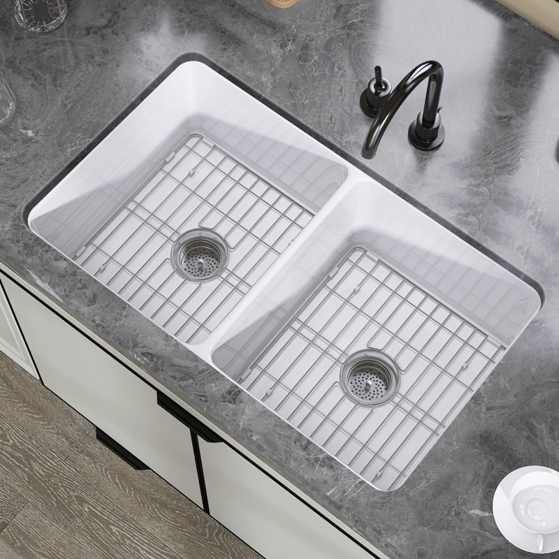 Kitchen Sinks 32" L x 19" W Double Bowl Fireclay Farmhouse Sink Custom Bottom Grid & Strainer Drain