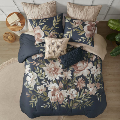 King Size 8 Piece Comforter , Navy Blue, Large Floral Print, , Steam Iron Available Shabby Chic Style, Includes Bed Skirt & Decorative Pillows