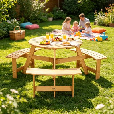 Table de pique-nique d'extérieur pour 6 personnes, table de pique-nique ronde pour 6 personnes avec 3 bancs intégrés, trou pour parasol, ensemble de table et banc d'extérieur pour jardin, cour, porche, patio, naturel