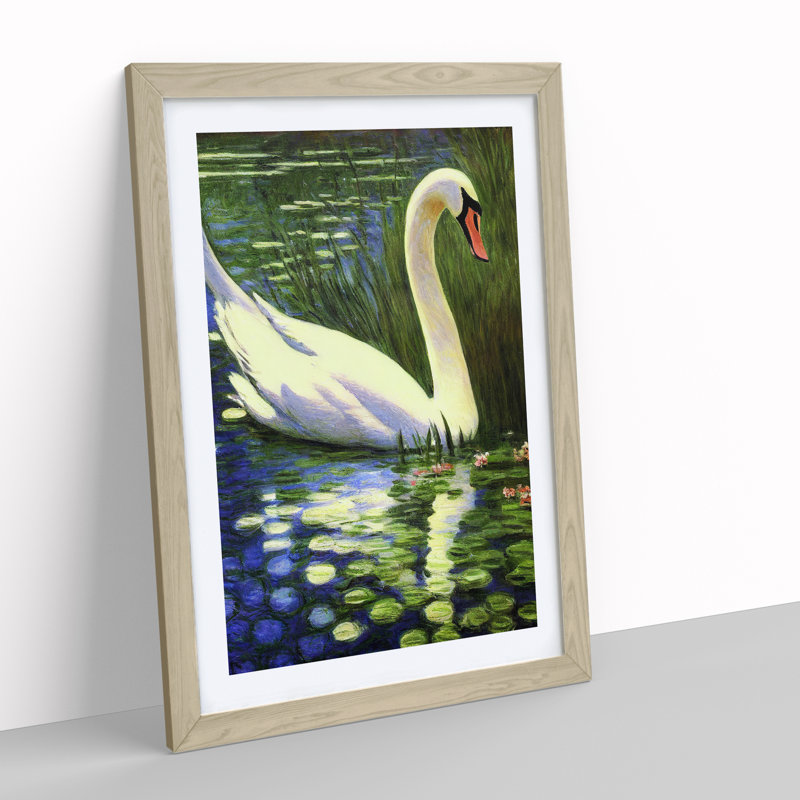 Swan In The Pond - Single Picture Frame Print, Oak Framed, 46cm H x 34cm W x 2cm D
