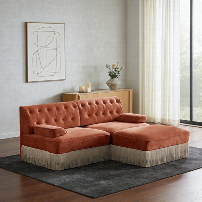 Velvet Chesterfield Sofa With Ottoman, Button Tufted Modular Couch With Tassel Fringe Skirt, French Vintage Style Upholstered Sofa