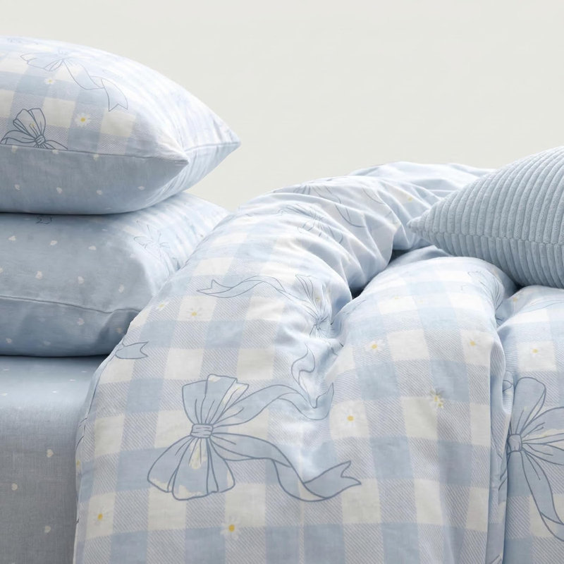 Housse de couette en vichy bleu, Housse de couette grand et 2 taies d'oreiller stan