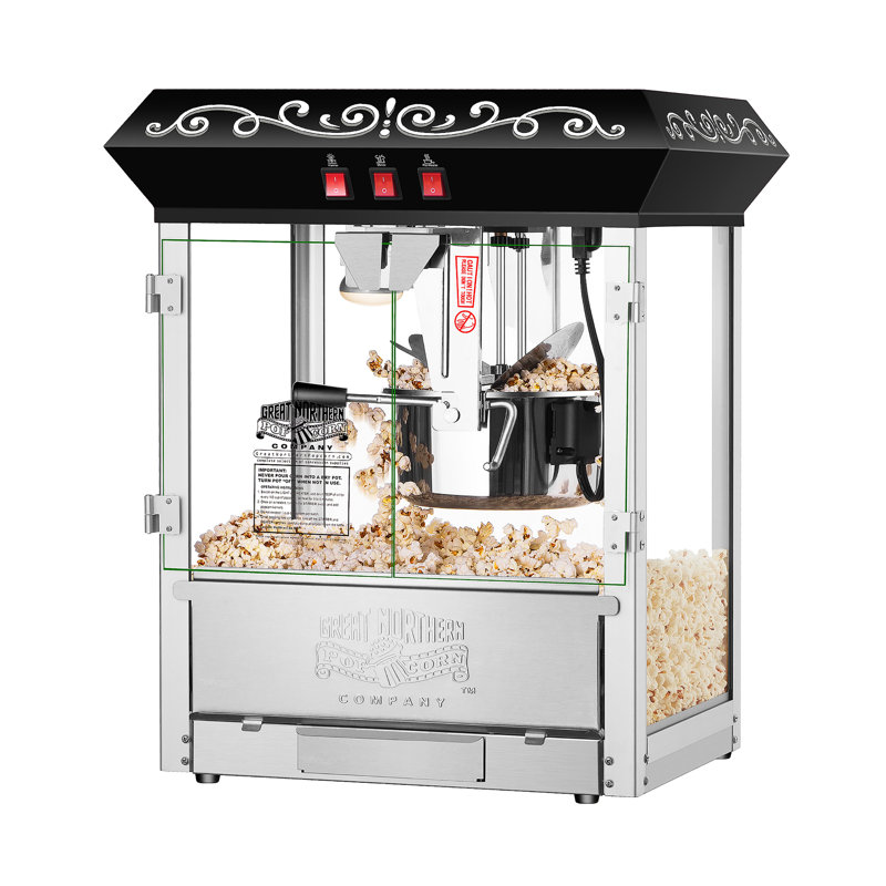 Machine à maïs soufflé Perfect Popper - bouilloire en acier inoxydable 10 oz, plateau à grains Reject, lumière chauffante et accessoires par Great Northern Popcorn (noir)