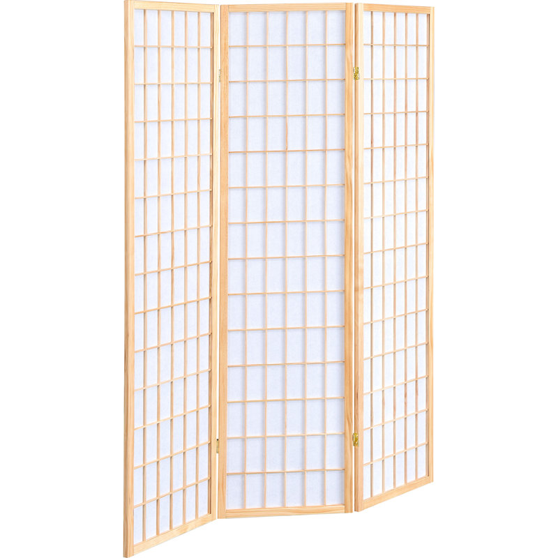 Paravent pliant à 3 panneaux pour la division de pièce, finition naturelle sur bois et tissu, lueur diffuse en papier blanc, H 68,97 po, l 52 po, finition, aspect doux en bois d'hévéa, hauteur de 68,97 po, largeur 52