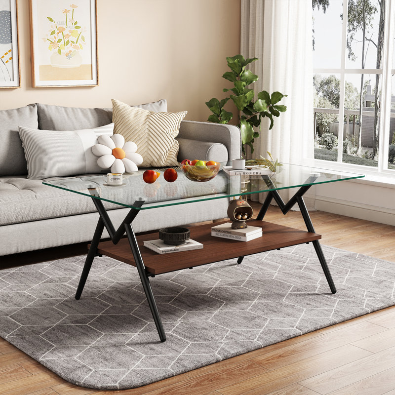Table basse rectangulaire en verre avec dessus en verre trempé et pieds en métal, Clear, Brown