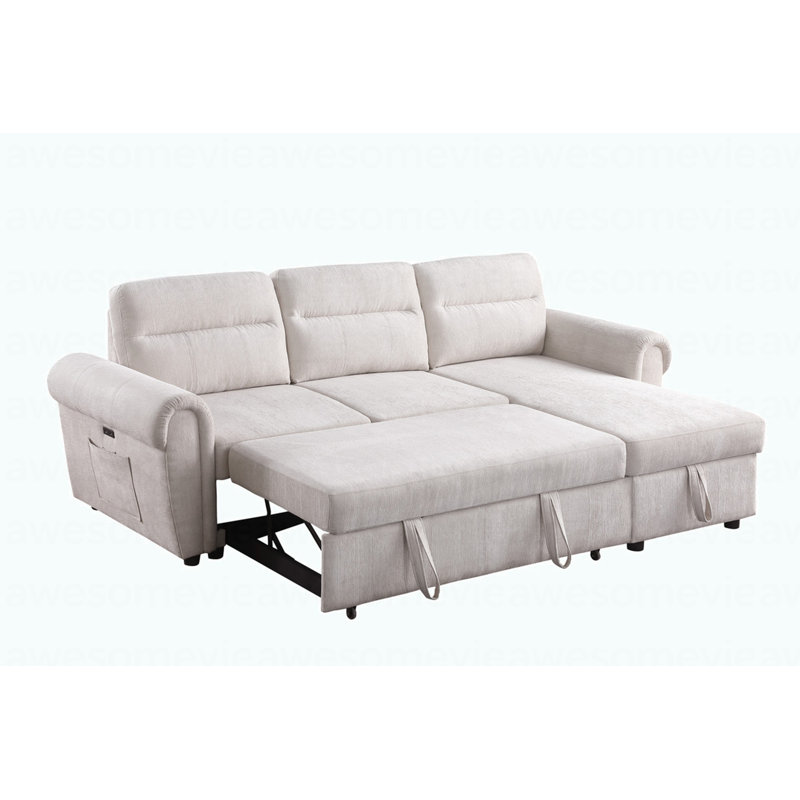 Canapé-lit modulaire réversible moderne en chenille de l 97 po beige avec chargeur USB, poches pour téléphone / magazine