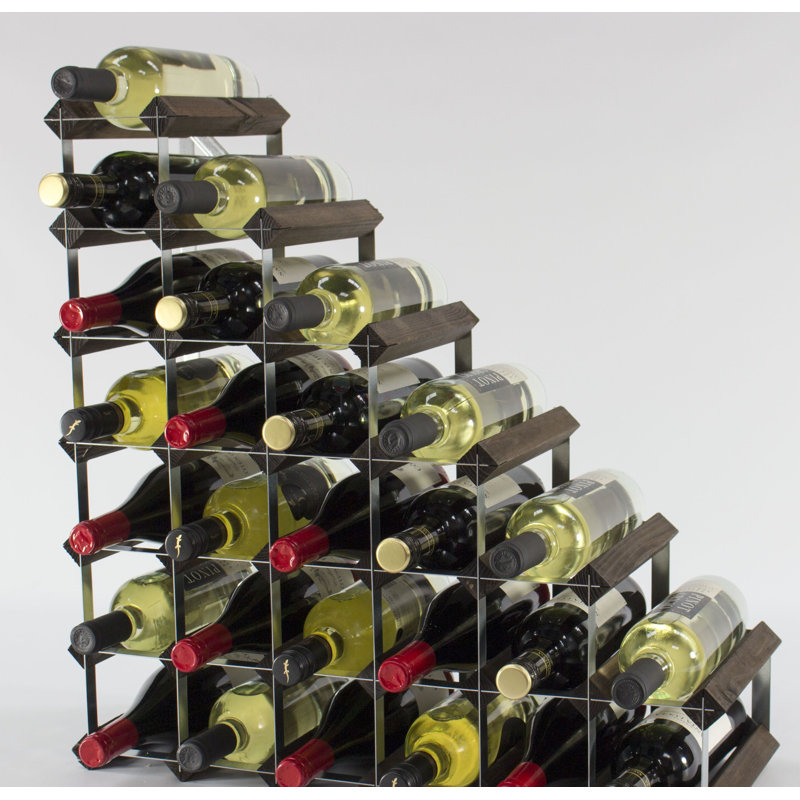 Liddle 27 Bottle Floor Wine Bottle Rack, Dark Oak Stained Pine / Galvanised Steel