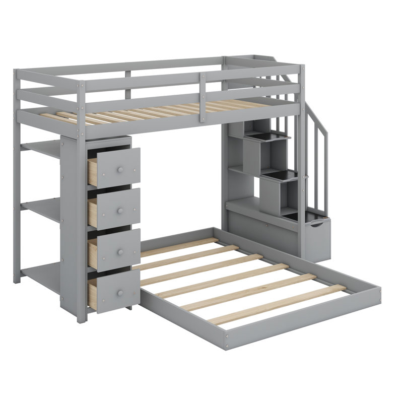 Lit simple superposé au dessus d'un lit double avec tablettes, tiroirs et escalier de rangement, Gris