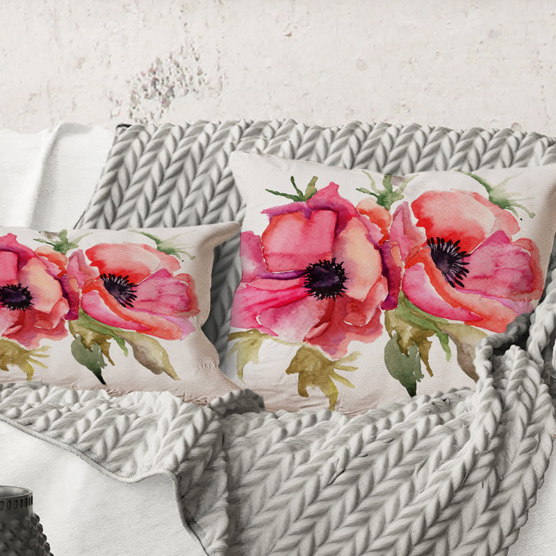 Carré, fleurs de coquelicot stylisées - coussin décoratif traditionnel, 18" x 18"