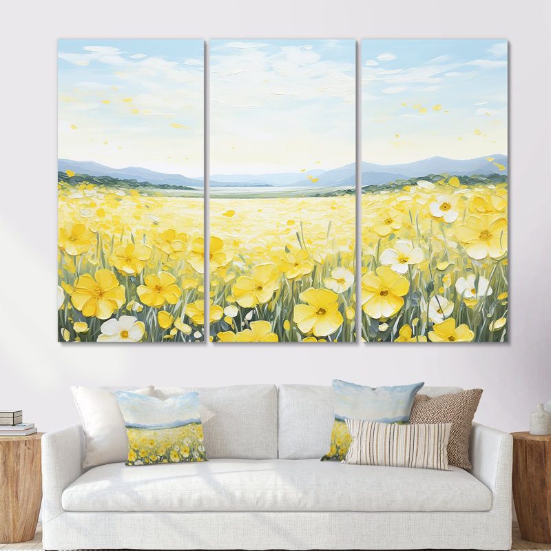 Buttercups Floral Array Field II - Flower Art Wall Art, ensemble d'impression, Toile tendue, H 40 po x l 60 po x P 1 po