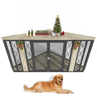 67 Inch Large Corner Dog Crate Furniture, Decorative Dog Kennel Furniture TV Stand, Large Wooden Corner Dog Kennel Furniture with 2 Doors