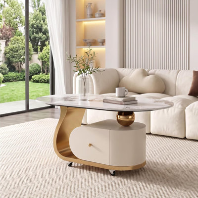 39.4"W Oval Stone and Faux Marble Coffee Table