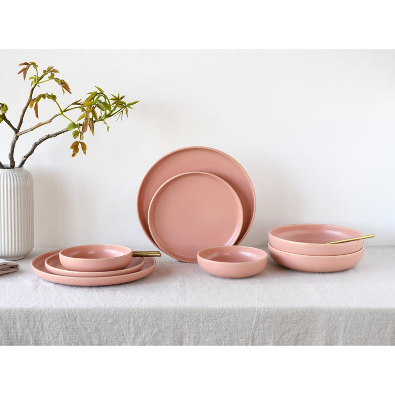 8 Pcs. Uno Stoneware Crockery Set For 2 People, Pink