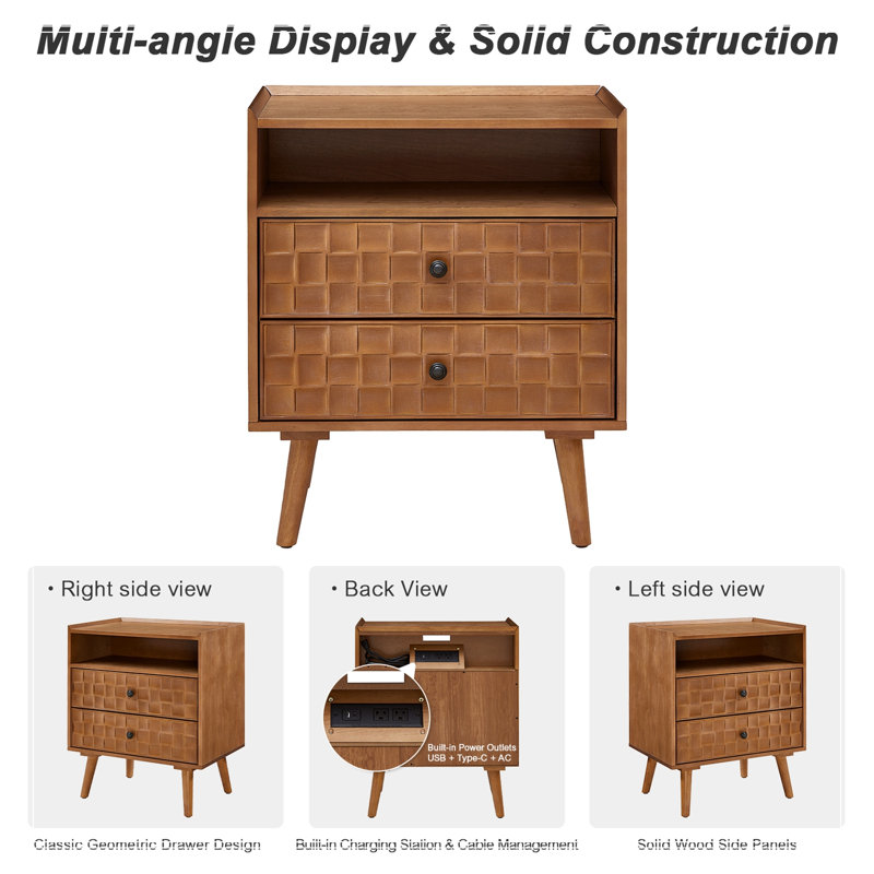 Meuble Garwood en bois avec 2 tiroirs et une tablette ouverte, Walnut