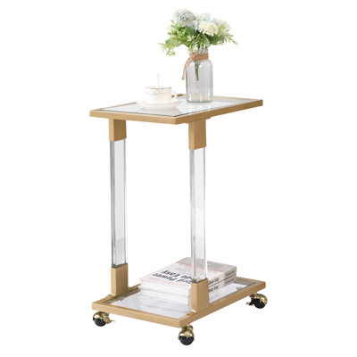 Golden Side Table, Acrylic Sofa Table, Glass Top C Shape Table With Metal Base For Living Room