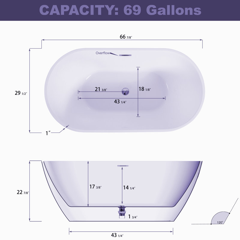 67.1'' x 29.53'' Freestanding Soaking Acrylic Bathtub