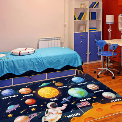 Kids Play Rug For Playroom, Outer Space Rug Solar System Educational Rug Kids Baby Floor Mat, Kids Play Carpet For Children Bedroom Classroom (59X39.4 In)