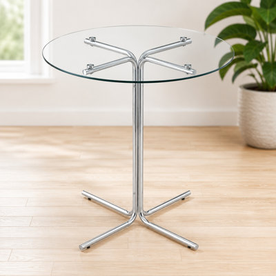 Table de bar ronde en verre de 91,4 cm (36 po) de diamètre x 92 cm (36,2 po) de hauteur, verre et métal, monobloc, argentée et transparente, table de bar polyvalente.