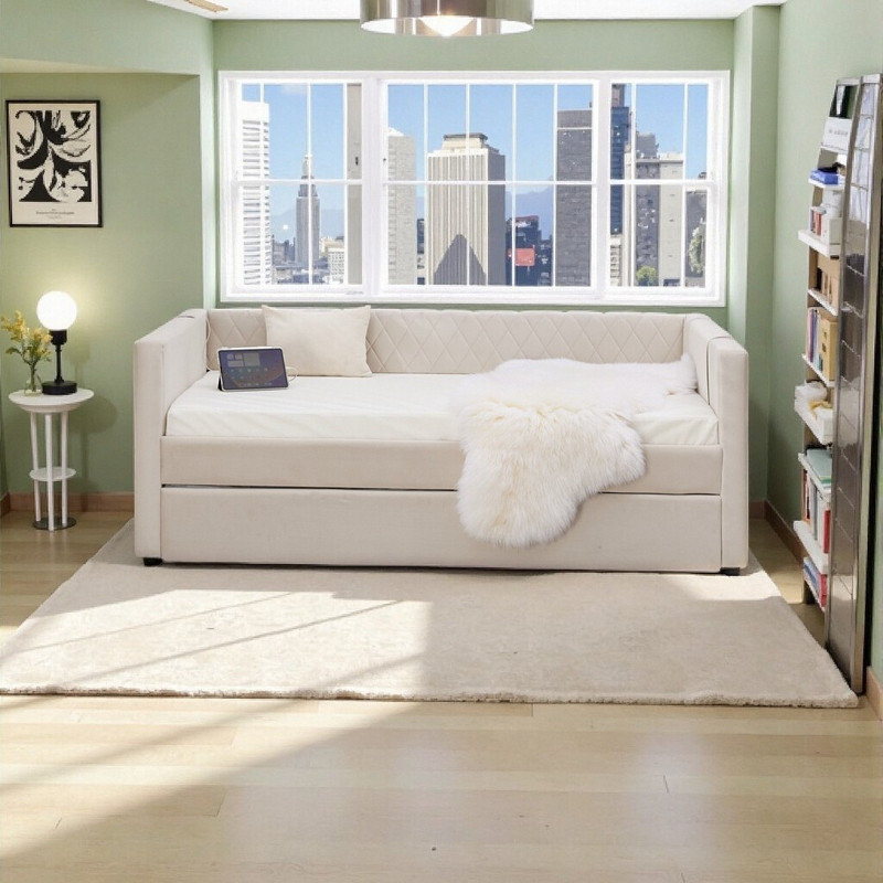 Lit de jour simple en velours avec couchette, canapé-lit capitonné à losanges moderne, Beige