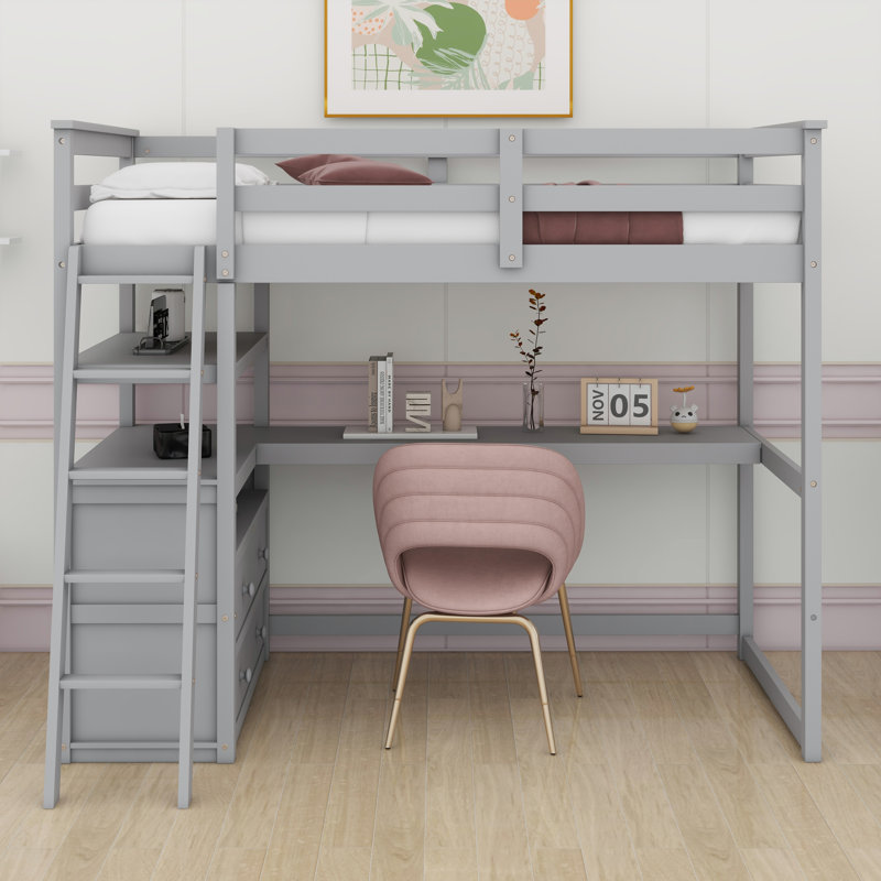 Twin Size Loft Bed With Desk And Shelves, Sturdy Wooden Loft Bed With Two Built-In Drawers And Ladder, High Lofts Beds With Safety Guardrail, Easy Assembly, No Box Spring Needed
