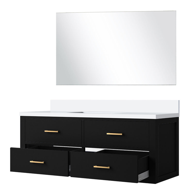 Meuble-lavabo noir 48 po L x P 22 po avec comptoir en quartz et miroir 43 po à fermeture en douceur