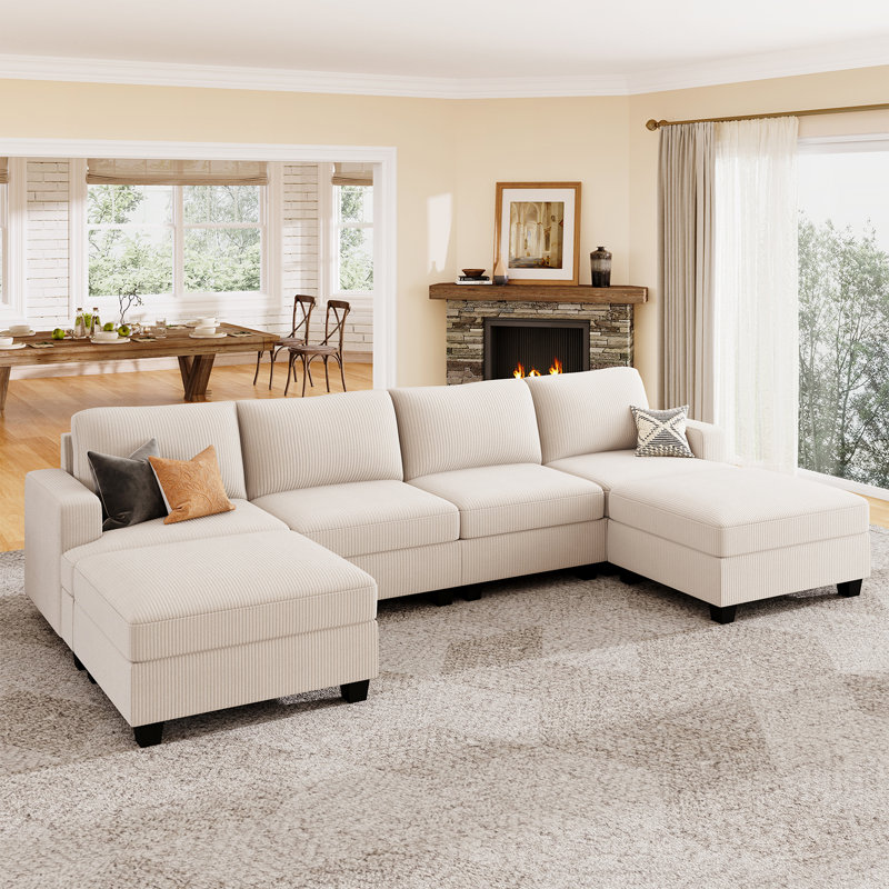 Canapé modulaire en U avec rangement Anureet, Velours côtelé beige, H 35 po x l 120,6 po x P 60,7 po, Non
